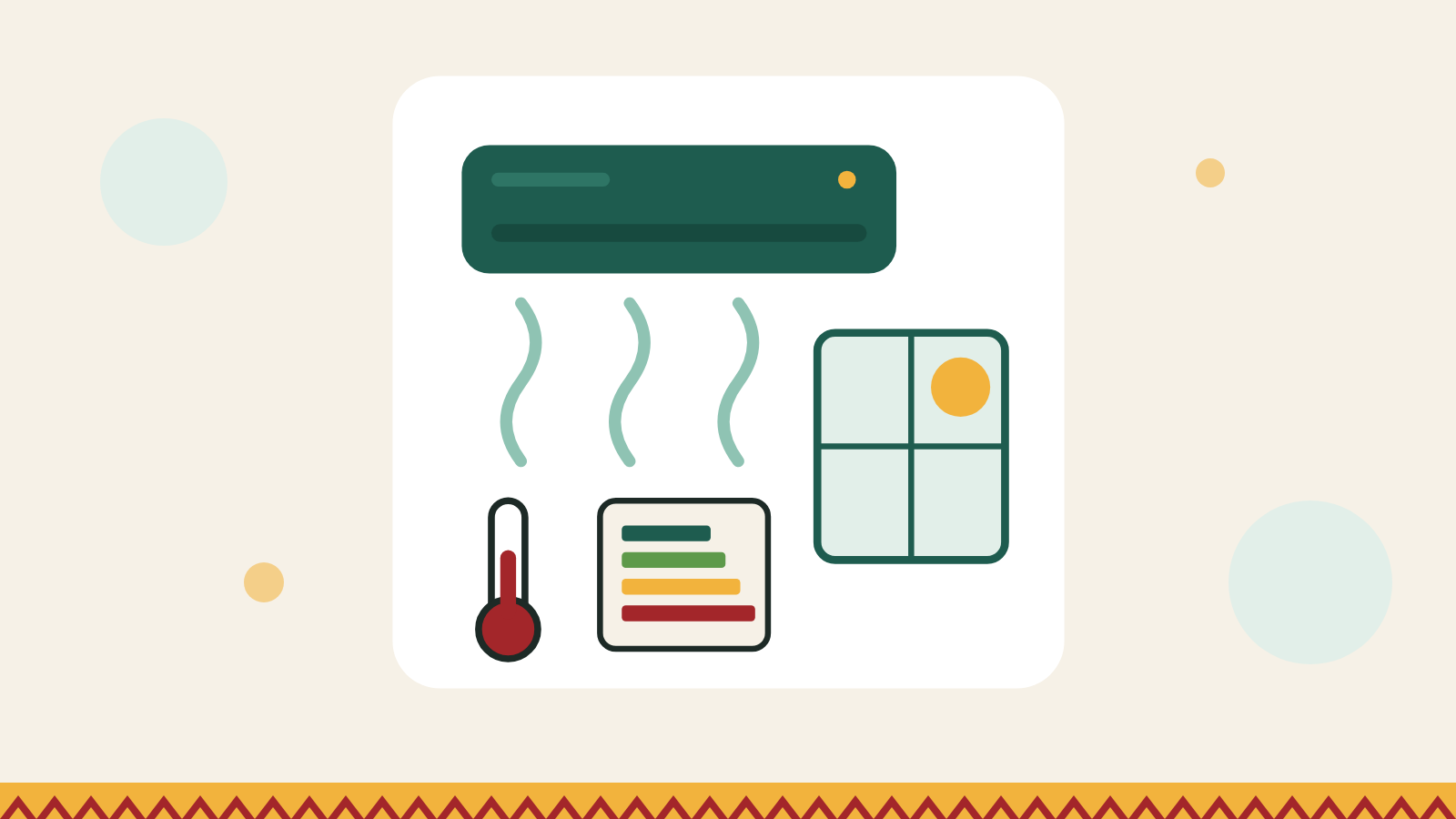 رسم توضيحي لمكيف سبليت على الجدار مع ميزان حرارة وبطاقة كفاءة الطاقة ونافذة مشمسة